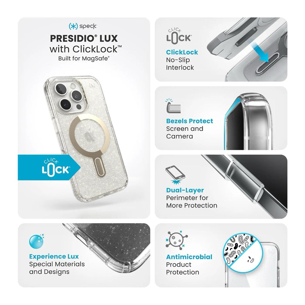 Speck Presidio 2 Lux Glitter MagSafe iPhone 16 Pro - Clear