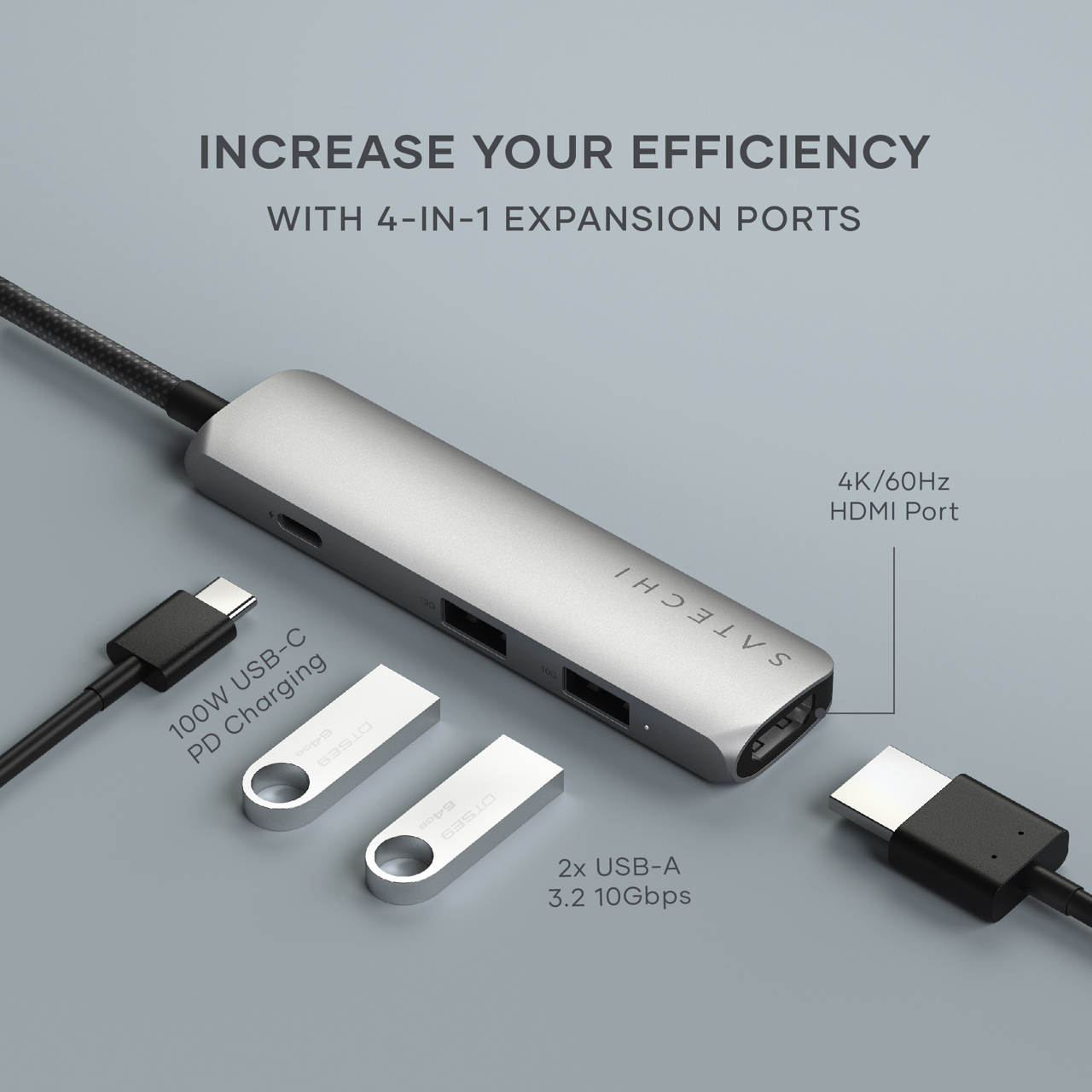 Satechi 4-in-1 USB-C Slim Multiport Adapter 4K - Space Grey