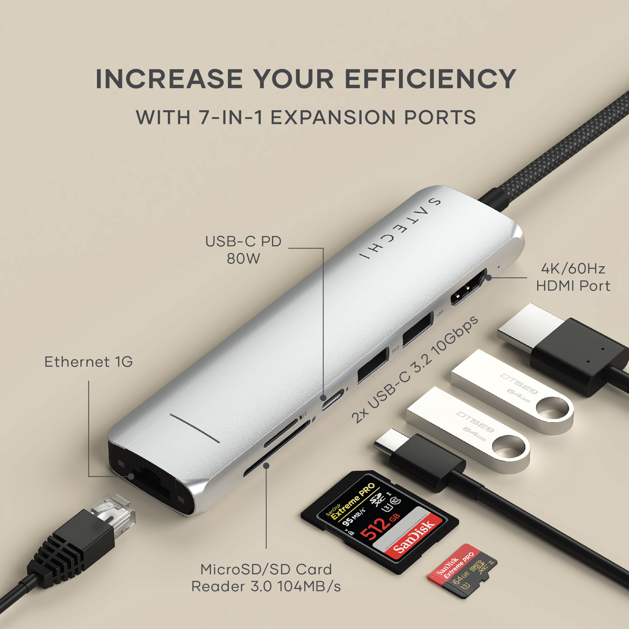 Satechi 7-in-1 USB-C Slim Multiport Adapter with Ethernet - Silver