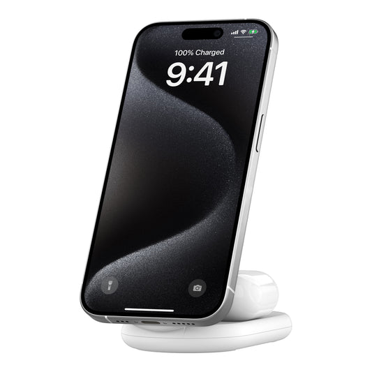 Belkin BOOST↑CHARGE™ 2-in-1 Qi2 15W Magnetic Foldable Wireless Charging Stand - White