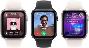 Three Apple Watch SE 3 devices next to each other, one showing the Apple Music app, one showing an incoming phone call, and one showing an iMessage exchange