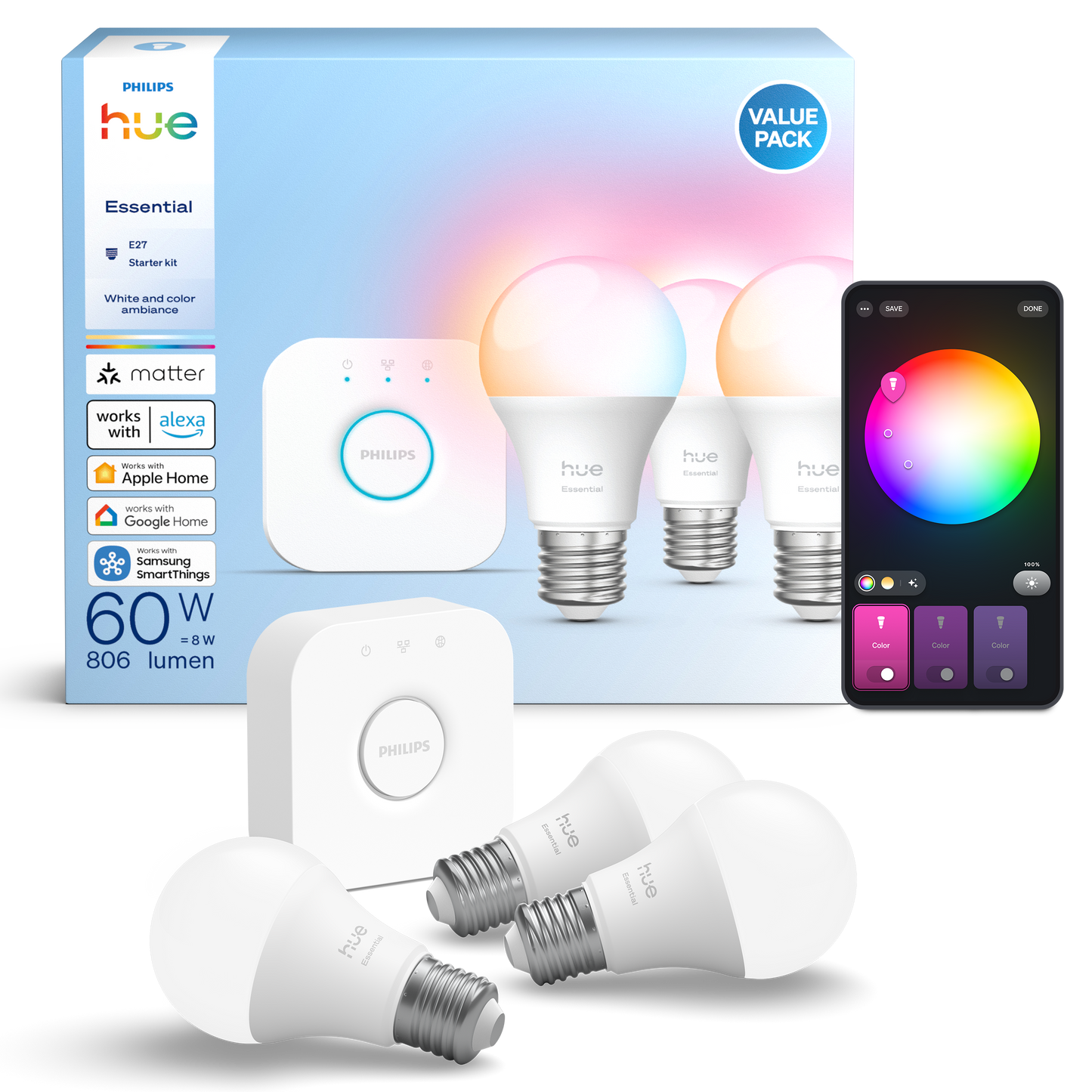 Philips Hue Essential starter kit: 3x E27 smart bulbs - 806 lm
