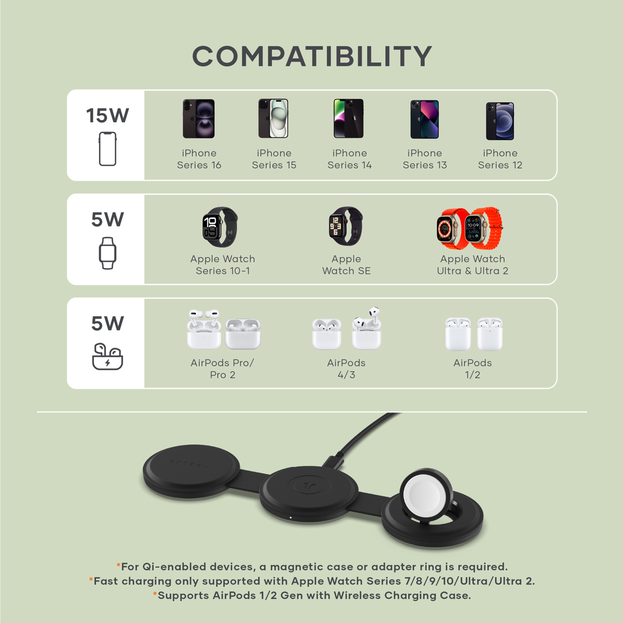 Satechi OntheGo 3-in-1 Wireless Charger - Black